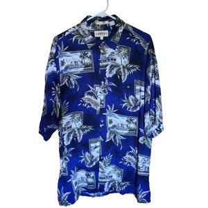 Campia Moda Hawaiian Shirt Men XL Blue w/ Palm Trees; Island Feel 100% Rayon